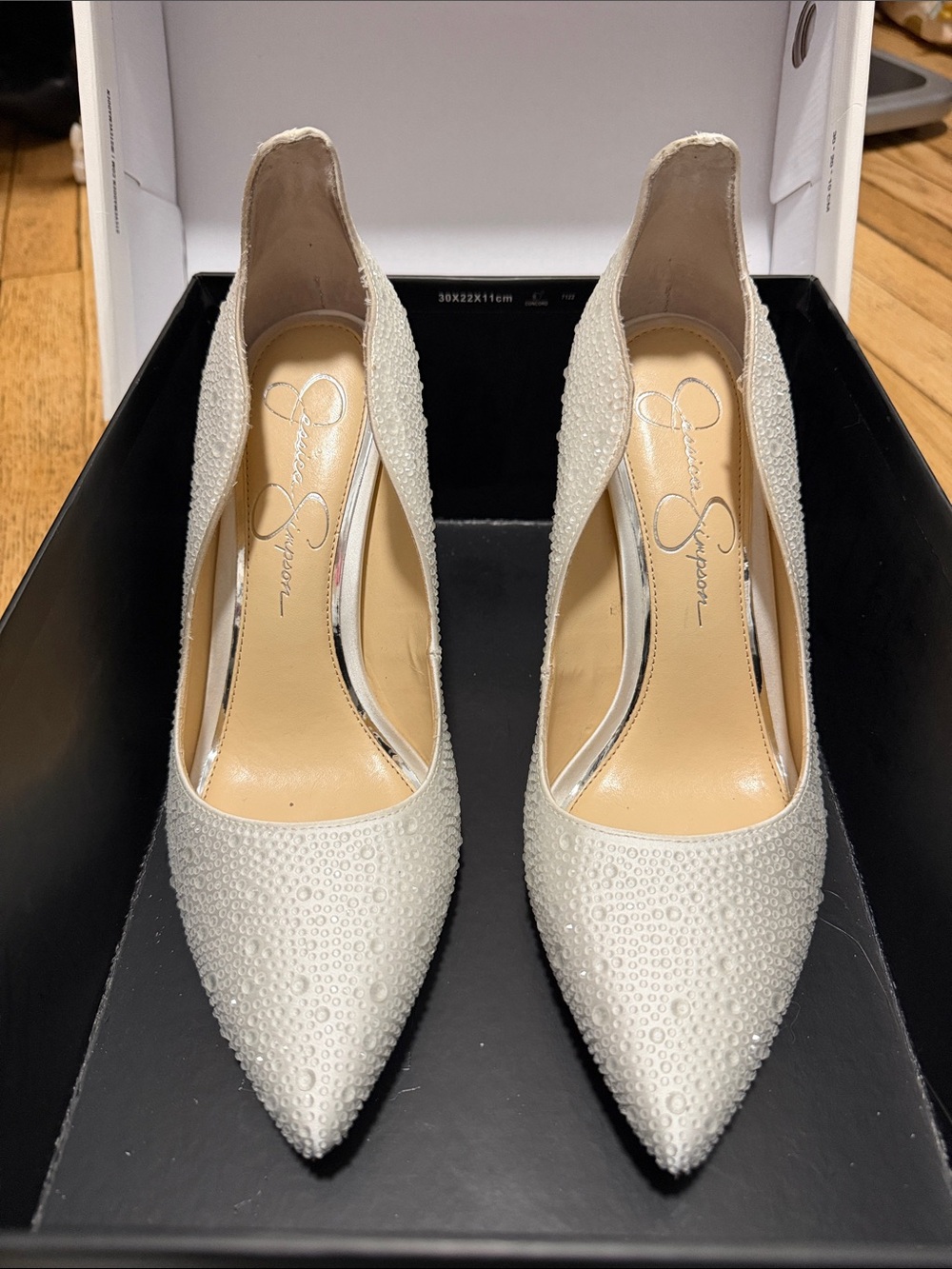 Jessica Simpson Ivory Crystal-Studded Pointed Pumps- Bridal Shoes for Wedding!